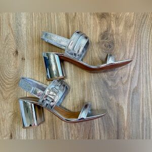 Franco Sarto Silver Leather Block Heel Sandals Size 10